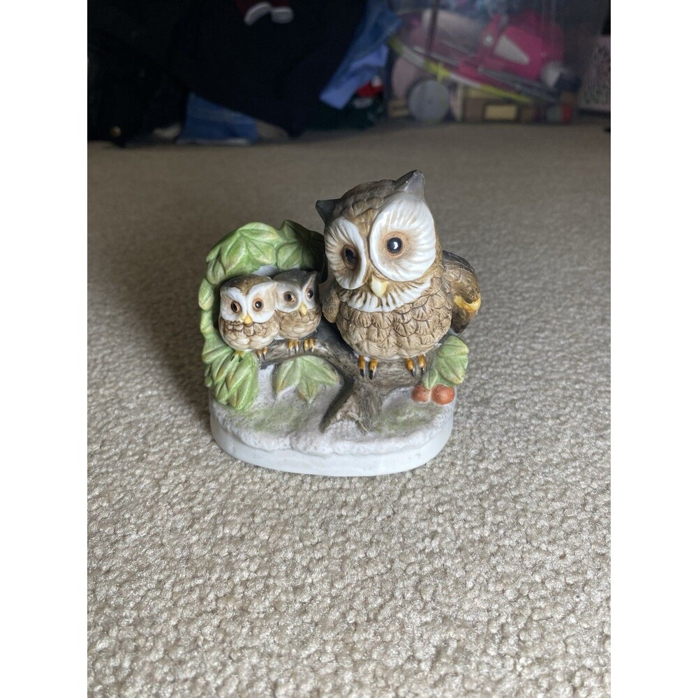 Vintage Homco Porcelain Owl Family Figurine Mother Two Owlets 4"